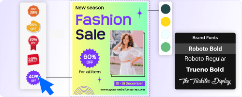Designwiz drag-drop flyer editor with font selector, and color tools